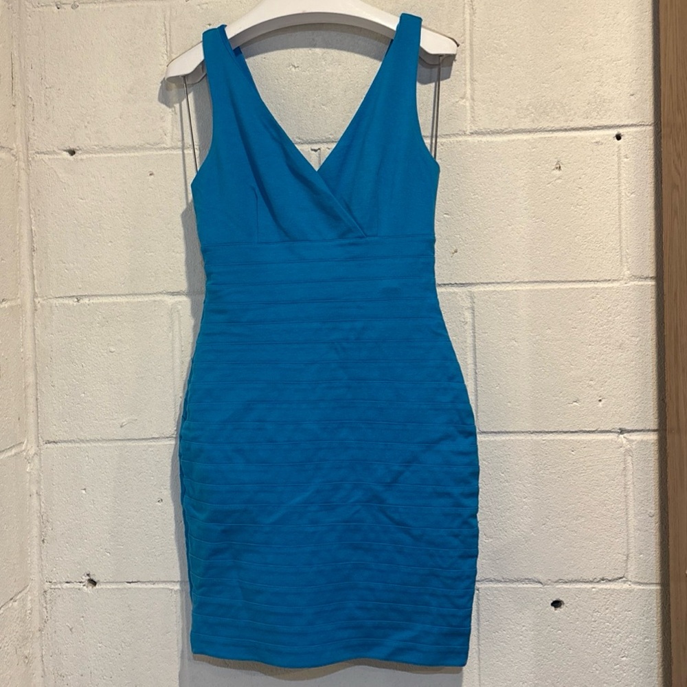 Express women’s bandage bodycon dress aqua blue v neck stretch size XS